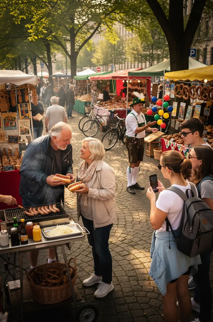 Touristen genießen eine geführte Stadtführung vor einem bekannten deutschen Wahrzeichen